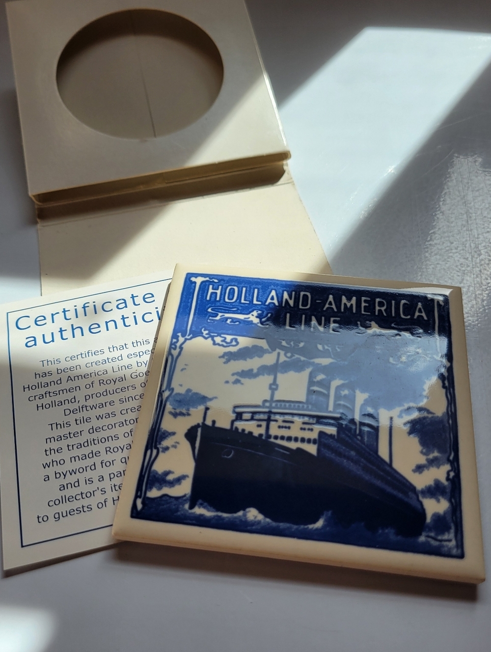 Holland-America Line Delft Tile Coaster - Blue & White